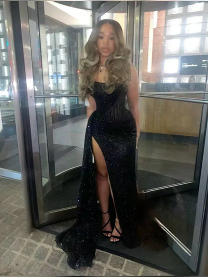 Glamorous One-Shoulder Beaded Ruched Maxi Dress with High Slit