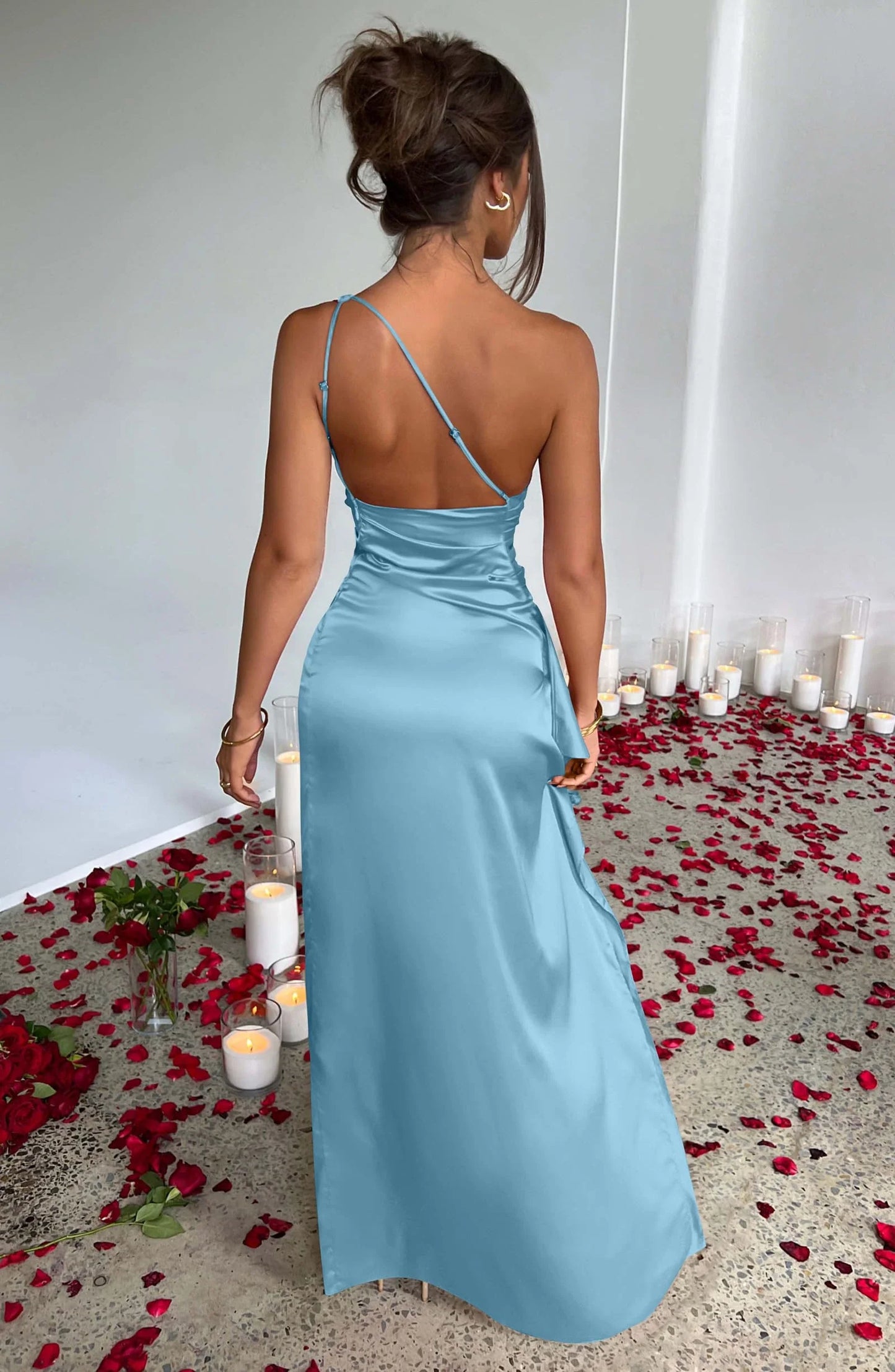 Glamorous One-Shoulder Ruched High-Slit Satin Maxi Evening Dress