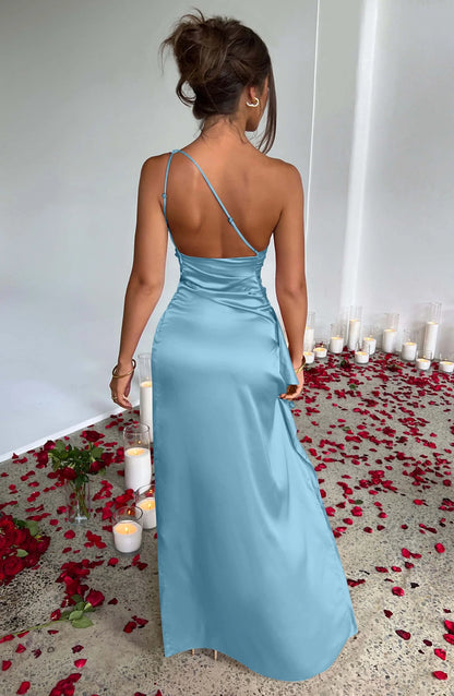 Glamorous One-Shoulder Ruched High-Slit Satin Maxi Evening Dress