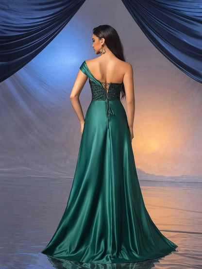 Glamorous One-Shoulder Sleeveless Lace Up Sequin Satin High-Slit Floor-Length Evening Dress