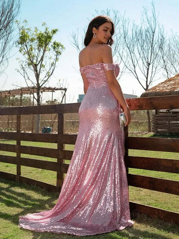 Glamorous-Pink-Sequin-Off-Shoulder-High-Slit-Mermaid-Train-Evening-Dress