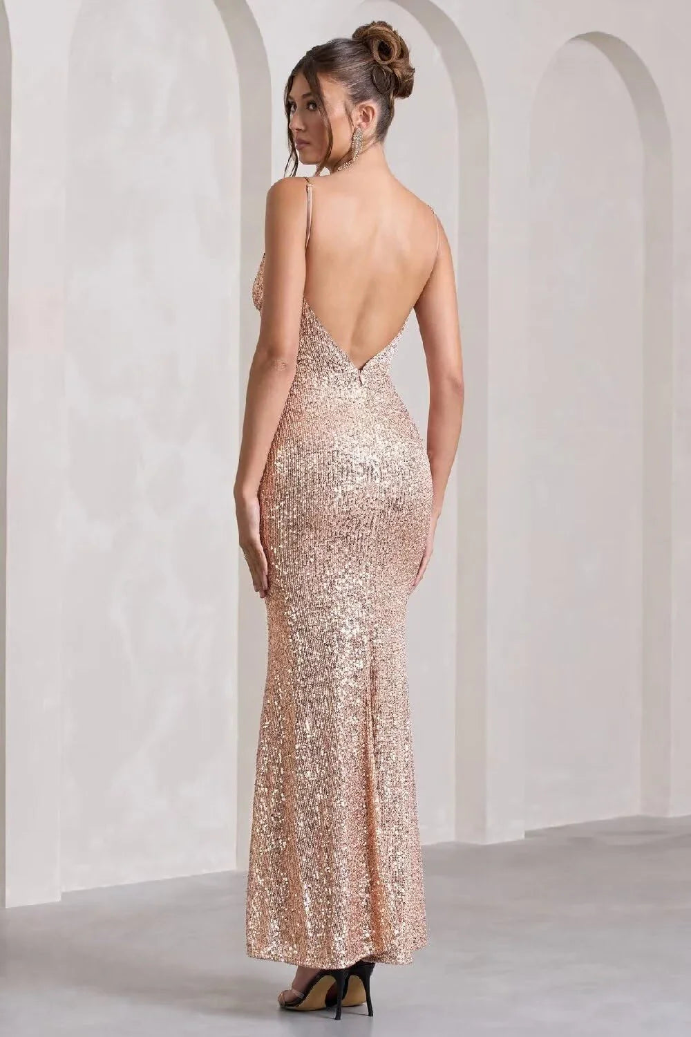 Glamorous Plunge Neck Sequin High-Slit Maxi Evening Dress