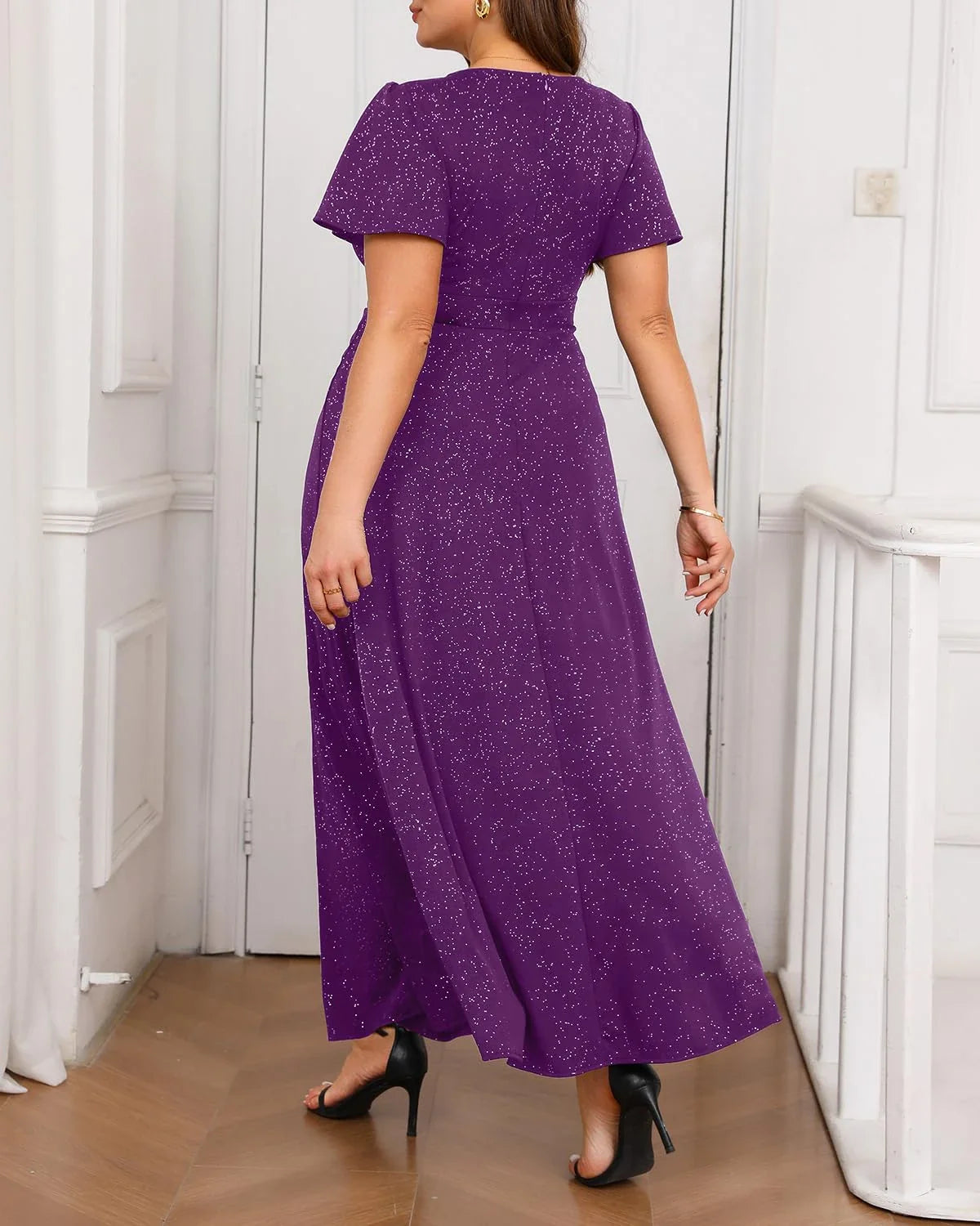 Glamorous Plus Size Glitter V-Neck Short Sleeve A-Line Maxi Evening Dress