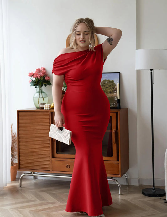 Glamorous Plus Size Off-Shoulder Ruched Mermaid Maxi Evening Dress