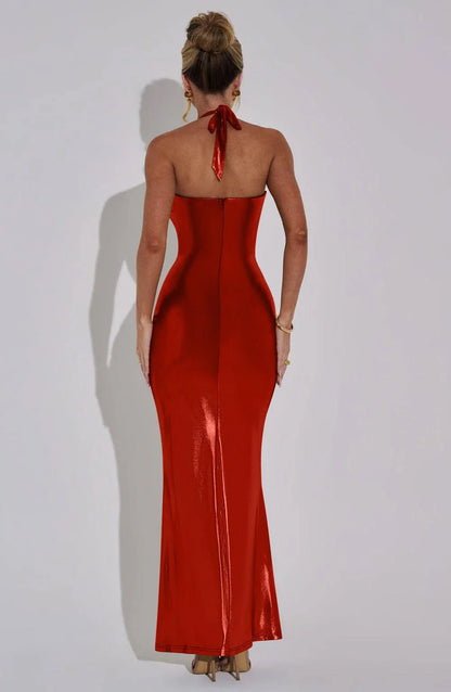Glamorous Halter Deep Cowl Neck Shiny Metallic Bodycon Mermaid Maxi Evening Dress