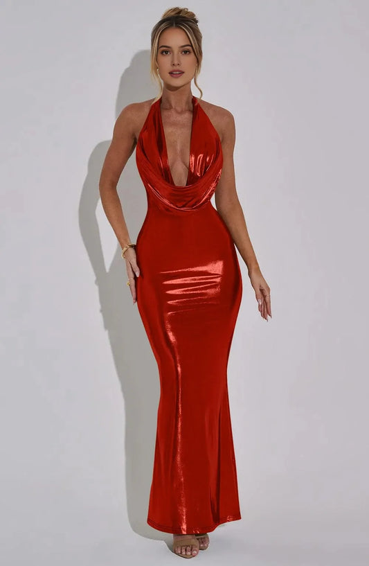 Glamorous Halter Deep Cowl Neck Shiny Metallic Bodycon Mermaid Maxi Evening Dress