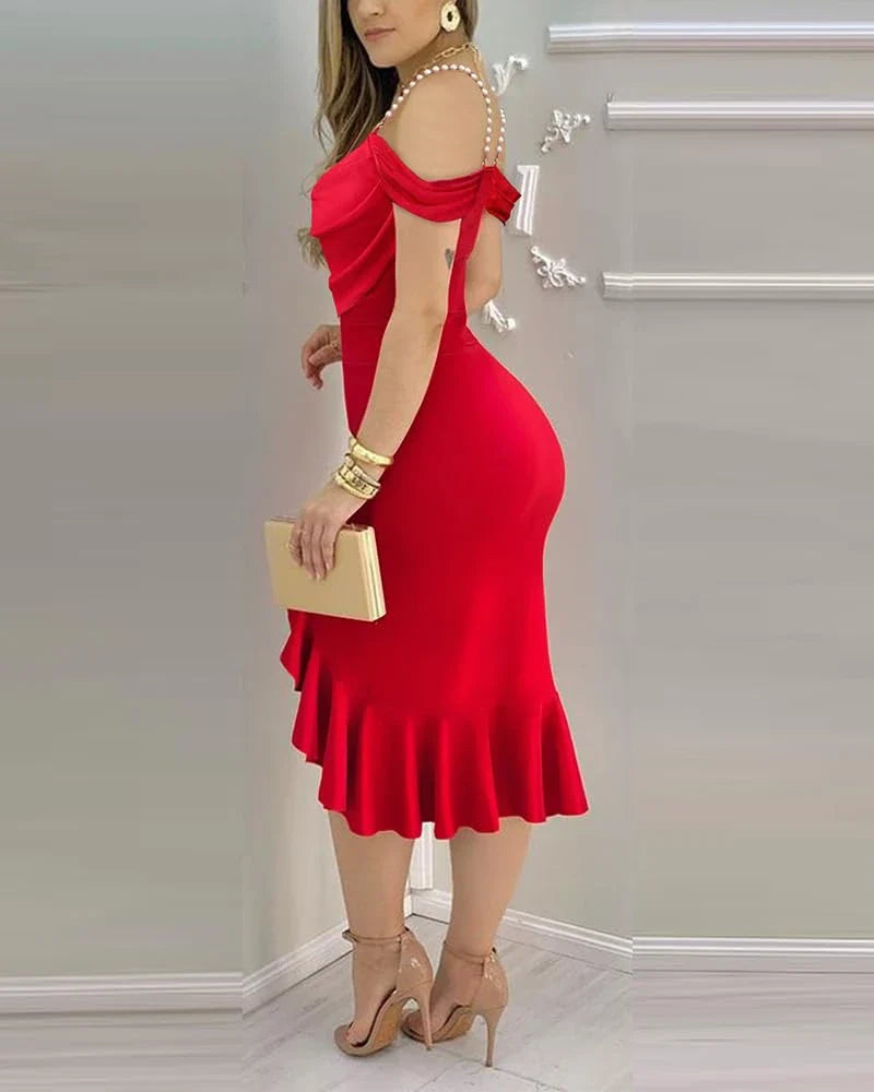 Glamorous Pearl Strap Off-Shoulder Drape Neck Bodycon Ruffle Slit Midi Party Dress