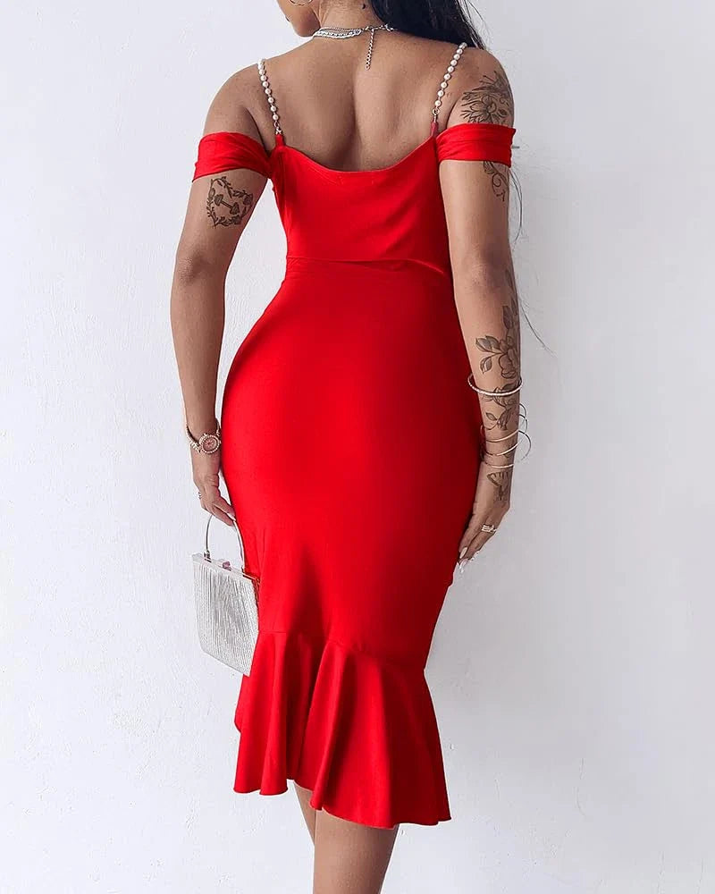 Glamorous Pearl Strap Off-Shoulder Drape Neck Bodycon Ruffle Slit Midi Party Dress