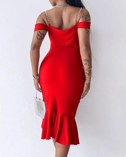 Glamorous Pearl Strap Off-Shoulder Drape Neck Bodycon Ruffle Slit Midi Party Dress