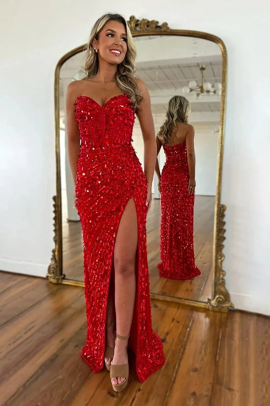 Glamorous Sequin Sweetheart Neck High-Slit Mermaid Evening Dress