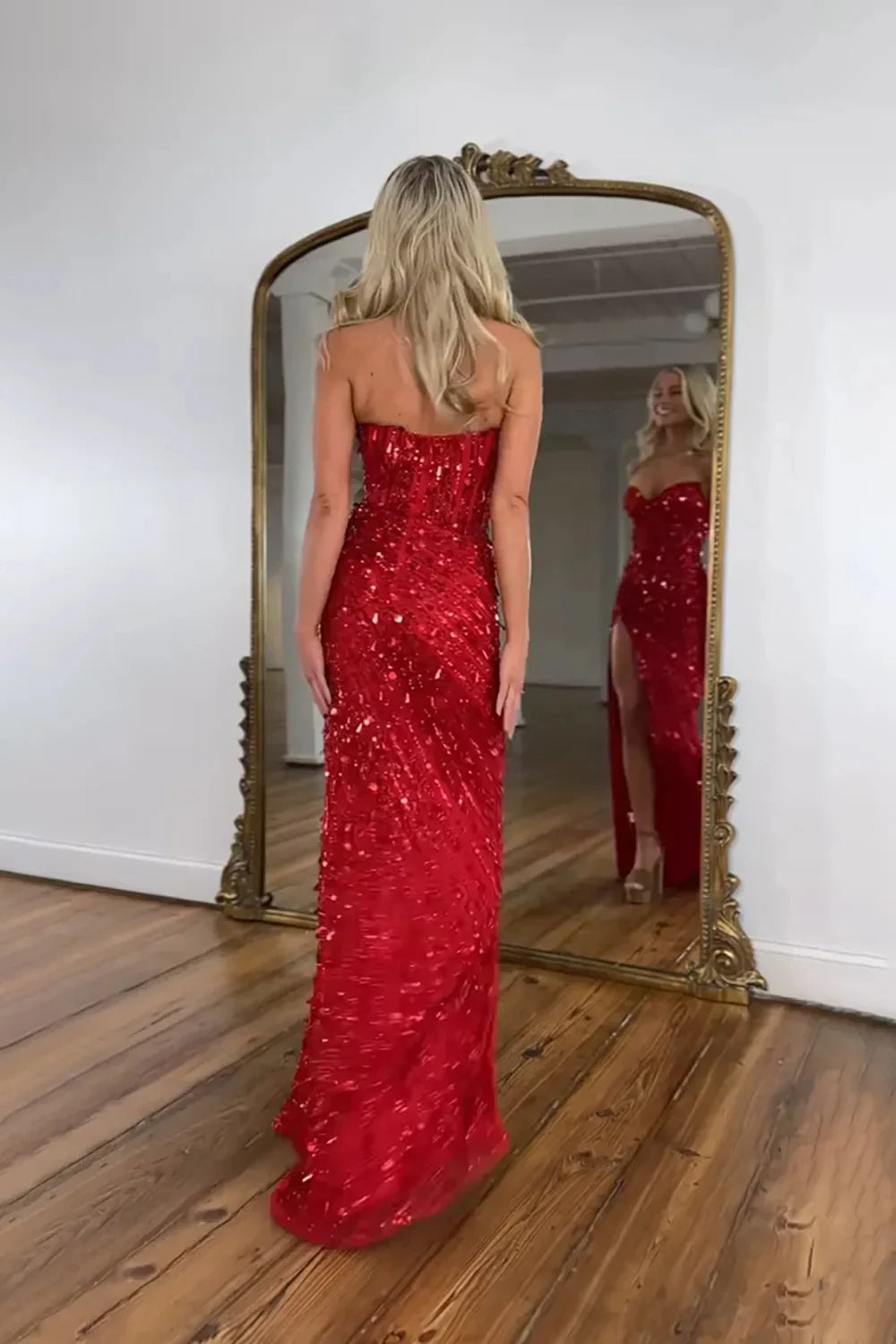 Glamorous Sequin Sweetheart Neck High-Slit Mermaid Evening Dress