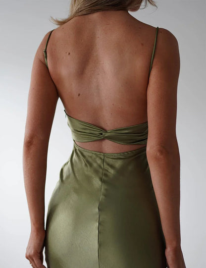 Glamorous Ruched Sweetheart Neck Spaghetti Strap Twist-Back Satin Midi Evening Dress