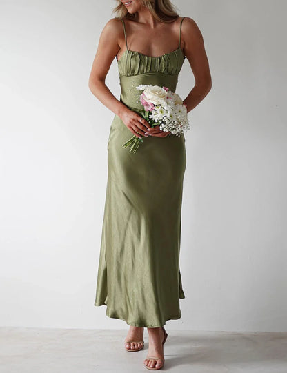 Glamorous Ruched Sweetheart Neck Spaghetti Strap Twist-Back Satin Midi Evening Dress