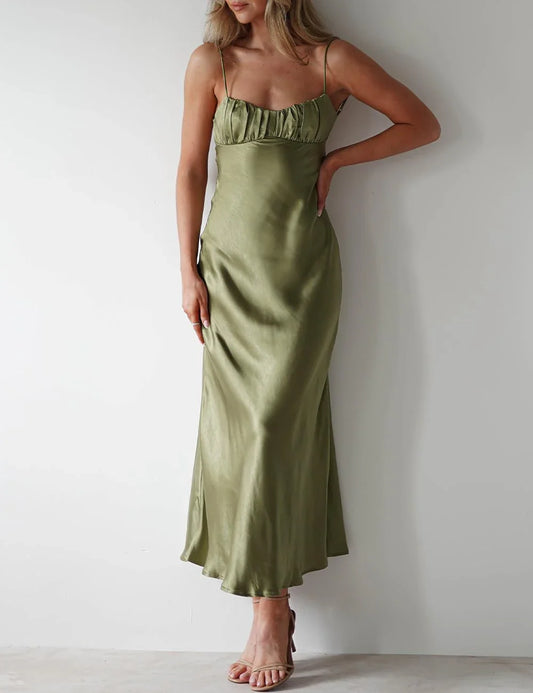 Glamorous Ruched Sweetheart Neck Spaghetti Strap Twist-Back Satin Midi Evening Dress