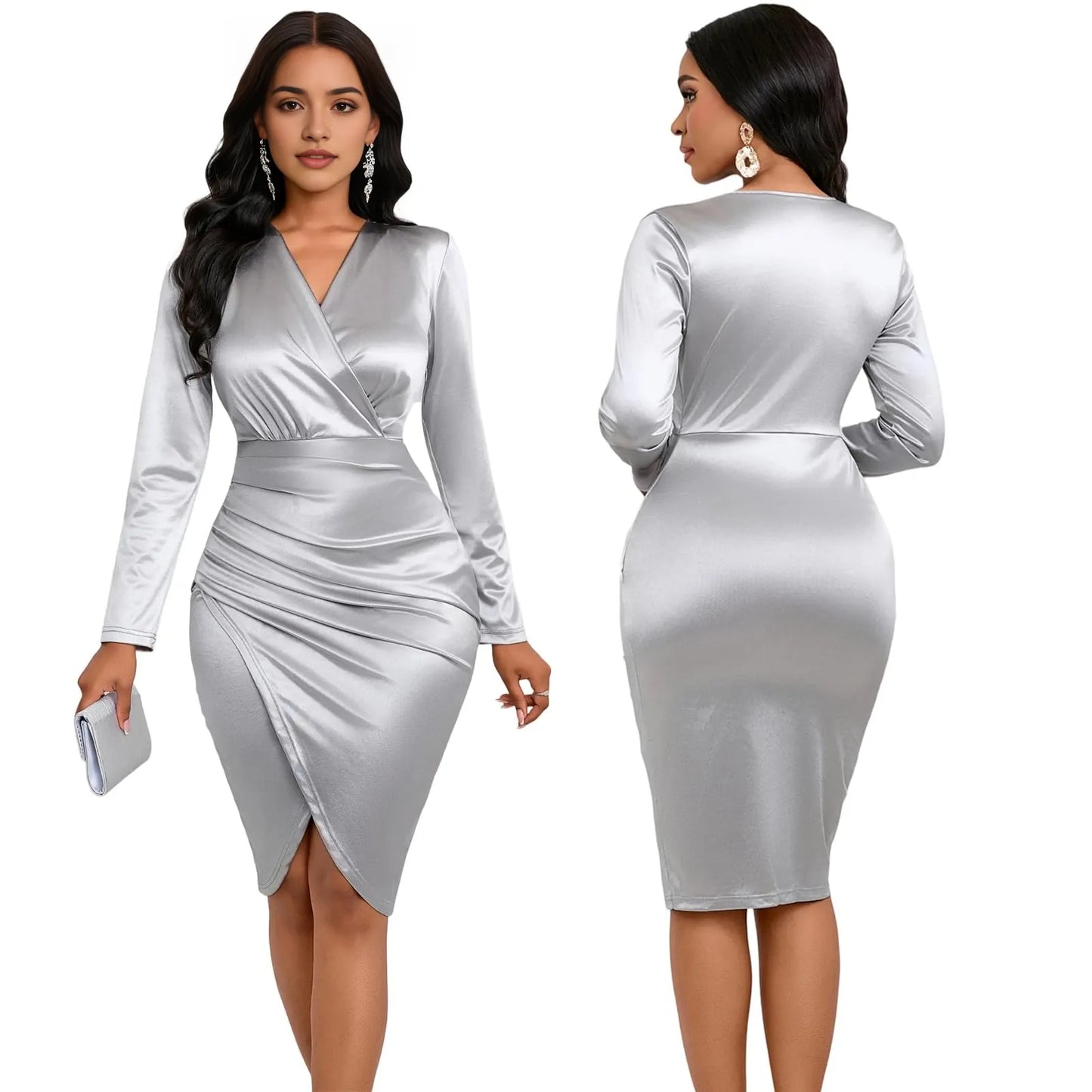 Glamorous Satin Deep V-Neck Long Sleeve Ruched Asymmetric Slit Bodycon Midi Evening Dress