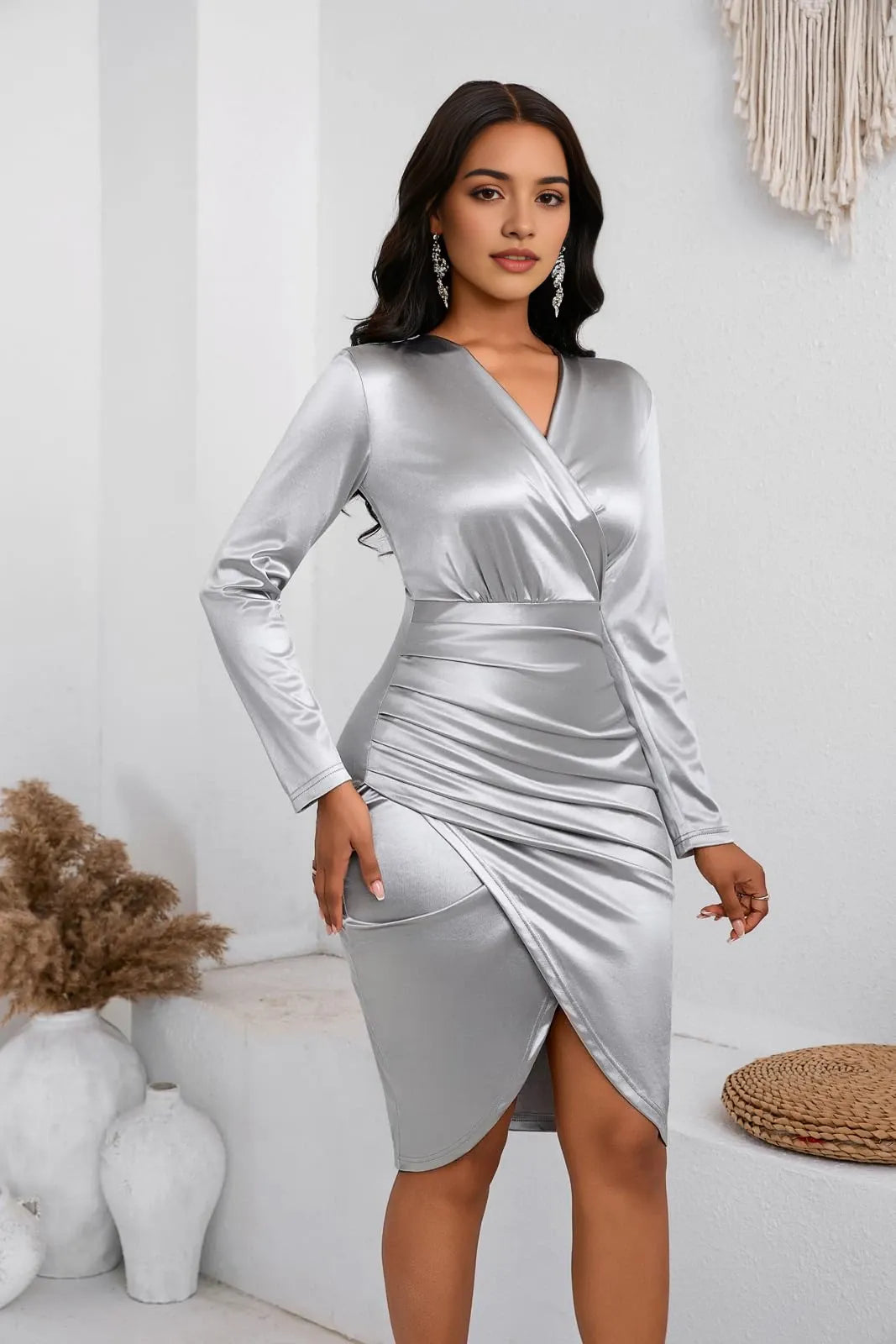 Glamorous Satin Deep V-Neck Long Sleeve Ruched Asymmetric Slit Bodycon Midi Evening Dress