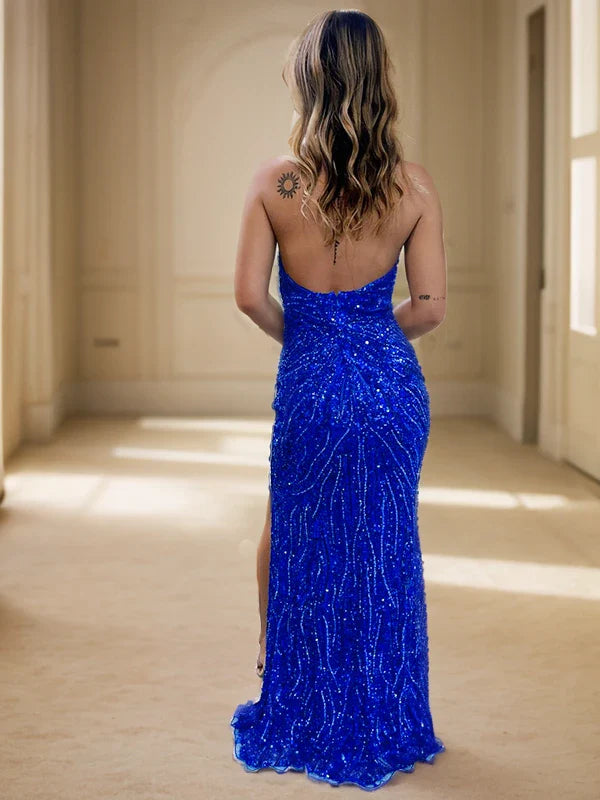 Glamorous Sequin Halter Neck Open-Back High-Slit Mermaid Floor-Length Prom Dress