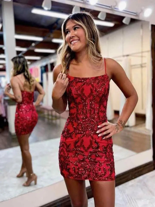 Glamorous Sequin Spaghetti Strap Square Neck Lace-Up Back Bodycon Mini Party Dress