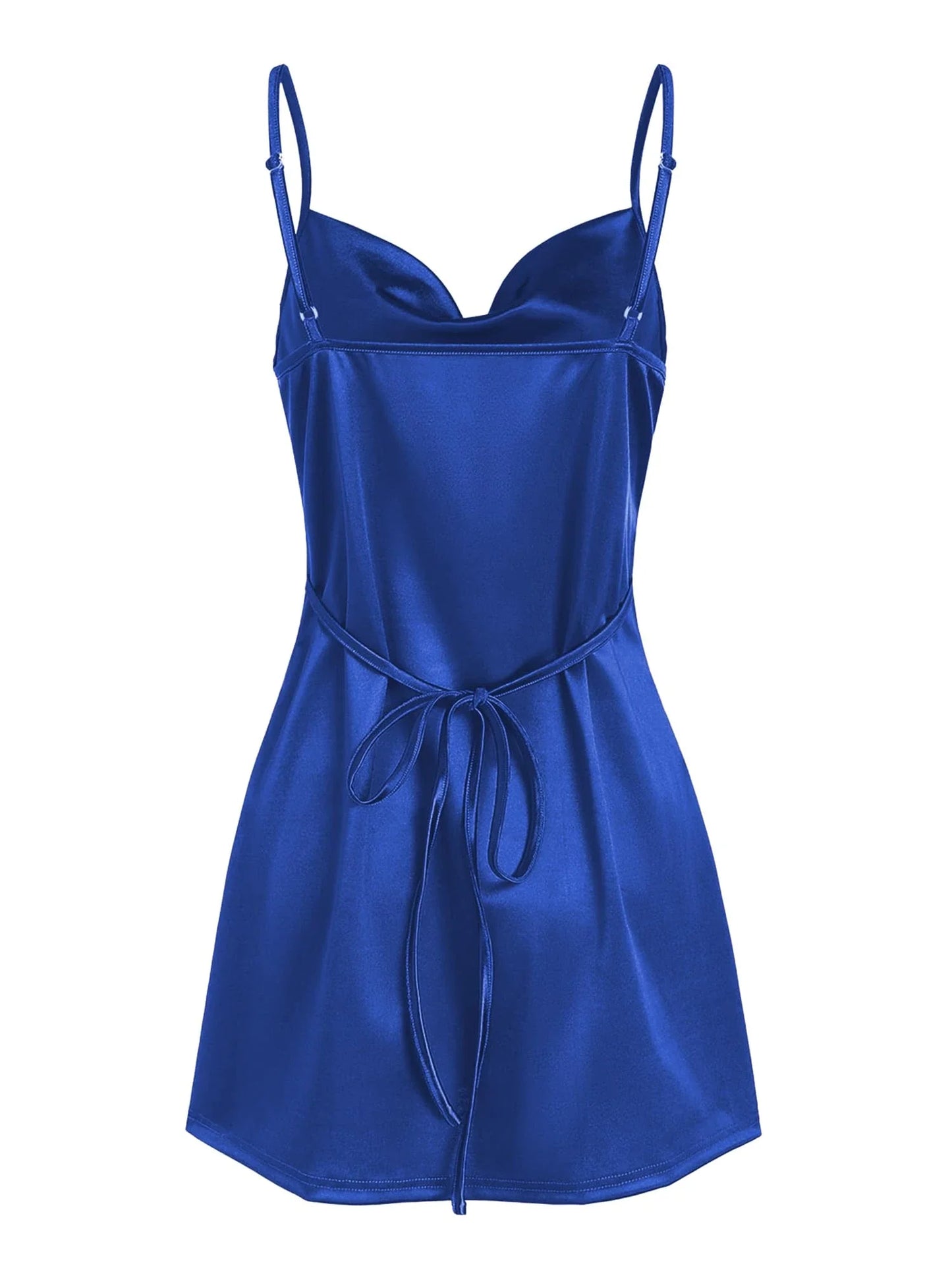 Glamorous Sheath Cowl-Neck Spaghetti-Strap Satin Tie-Waist Mini Evening Dress