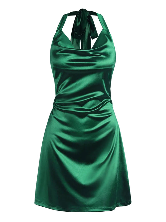 Glamorous Sheath Halter-Neck Satin Tie-Back Mini Evening Dress