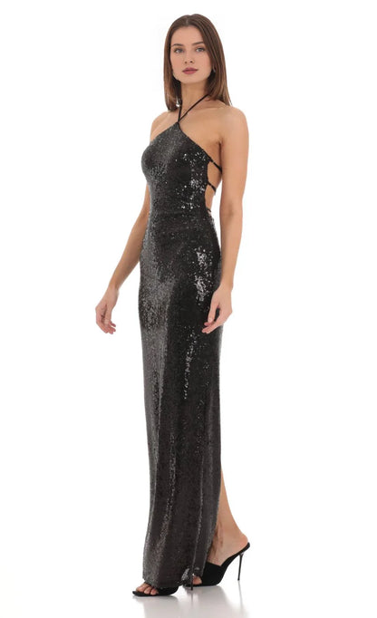 Glamorous Sheath Halter-Neck Sequin Multi-Cut-Out Back Floor-Length Prom Dresses