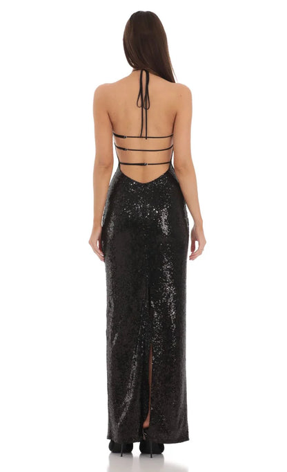 Glamorous Sheath Halter-Neck Sequin Multi-Cut-Out Back Floor-Length Prom Dresses
