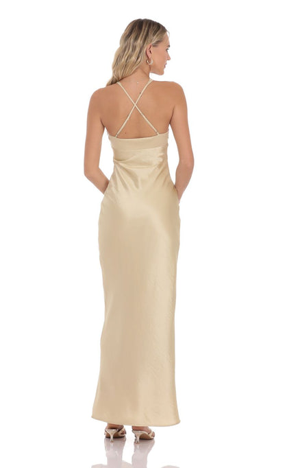 Glamorous Sheath Halter-Neck Sleeveless Cross-Back Champagne Satin Floor-Length Prom Dresses