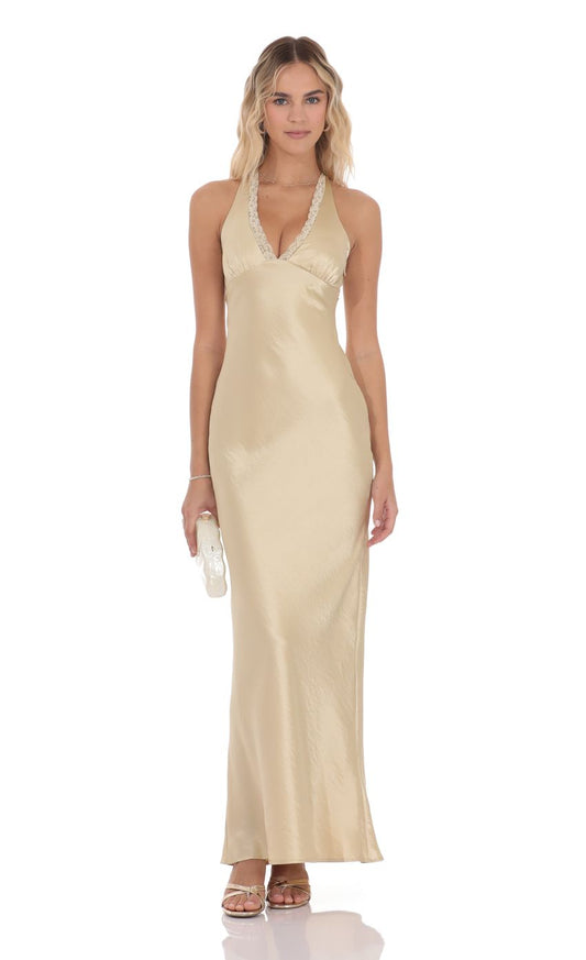 Glamorous Sheath Halter-Neck Sleeveless Cross-Back Champagne Satin Floor-Length Prom Dresses