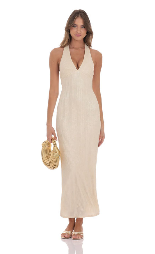Glamorous Sheath Halter-Neck Sleeveless Open-Back Champagne Shimmer-Jersey Midi-Length Prom Dresses