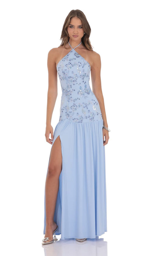 Glamorous Sheath Halter-Neck Sleeveless Open-Back Sky-Blue Sequin-Embroidered Floor-Length Prom Dresses