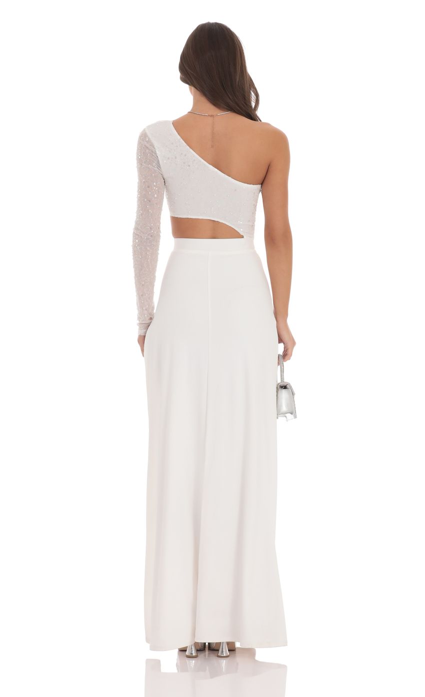 Glamorous Sheath One-Shoulder Long-Sleeve Cut-Out-Back Ivory Sequin-Fabric Floor-Length Prom Dresses