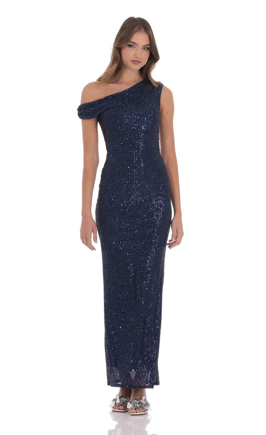 Glamorous Sheath One-Shoulder Off-The-Shoulder Sleeveless Open-Back Navy Sequin Floor-Length Prom Dresses