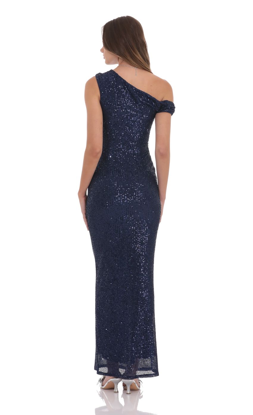 Glamorous Sheath One-Shoulder Off-The-Shoulder Sleeveless Open-Back Navy Sequin Floor-Length Prom Dresses