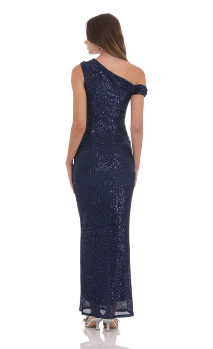 Glamorous Sheath One-Shoulder Off-The-Shoulder Sleeveless Open-Back Navy Sequin Floor-Length Prom Dresses