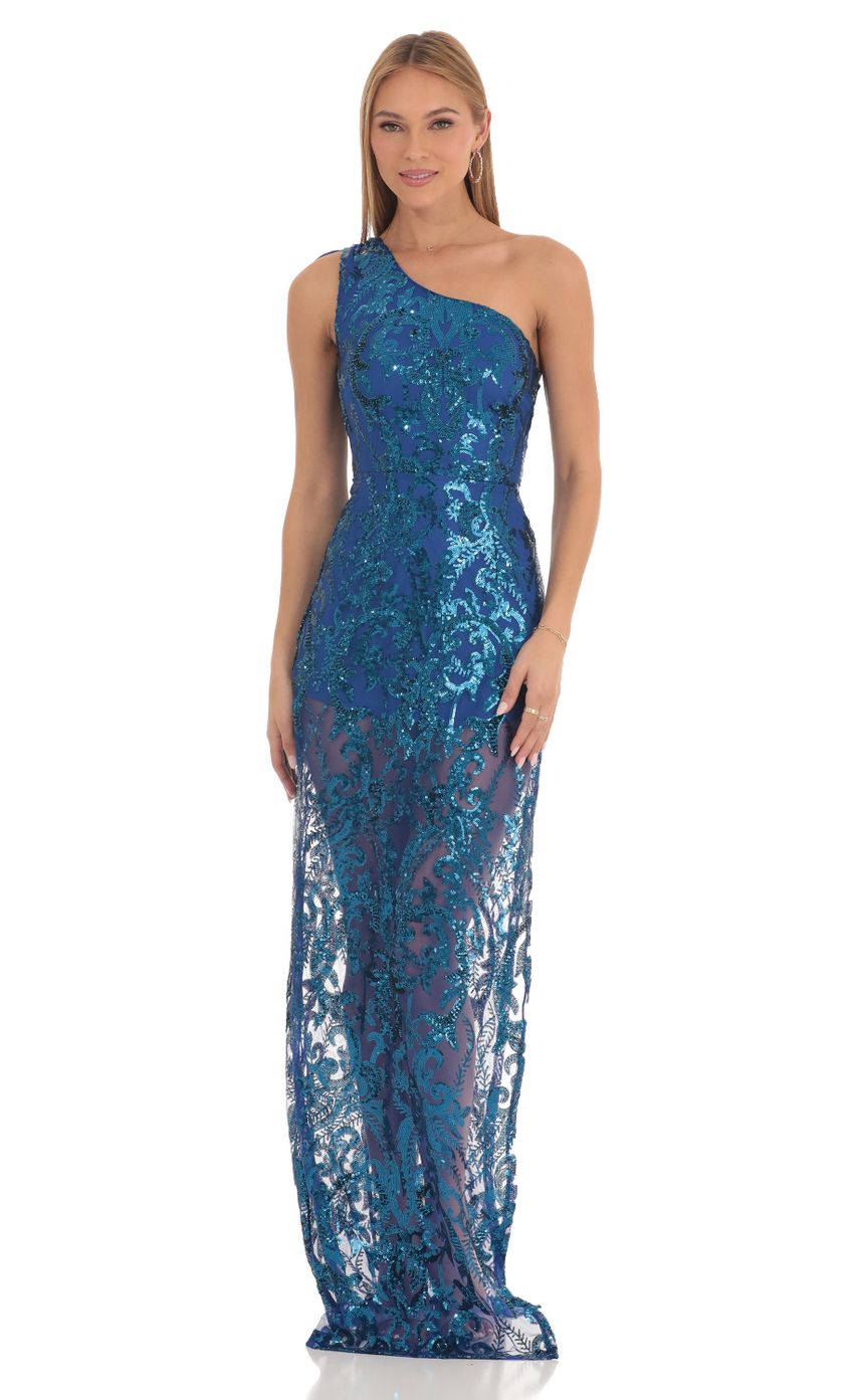 Glamorous Sheath One-Shoulder Sleeveless Tie-Back Teal Sequin-Lace Floor-Length Prom Dresses