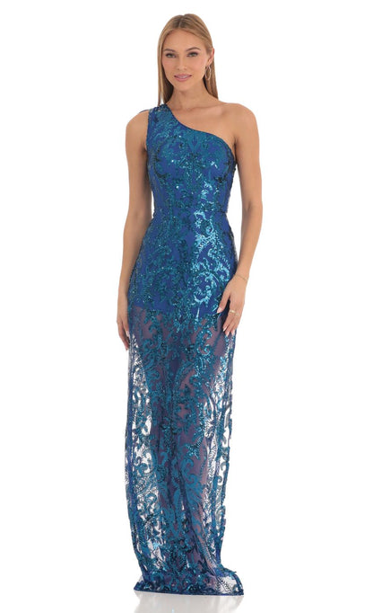 Glamorous Sheath One-Shoulder Sleeveless Tie-Back Teal Sequin-Lace Floor-Length Prom Dresses