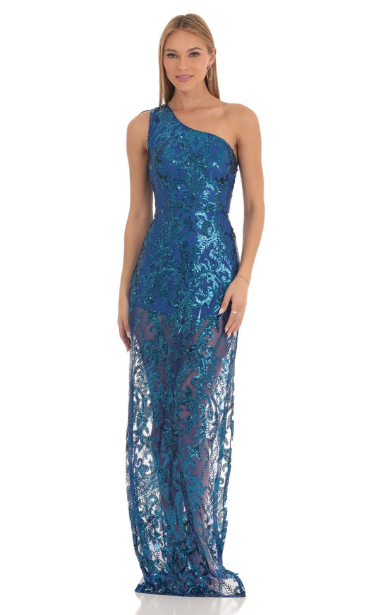 Glamorous Sheath One-Shoulder Sleeveless Tie-Back Teal Sequin-Lace Floor-Length Prom Dresses
