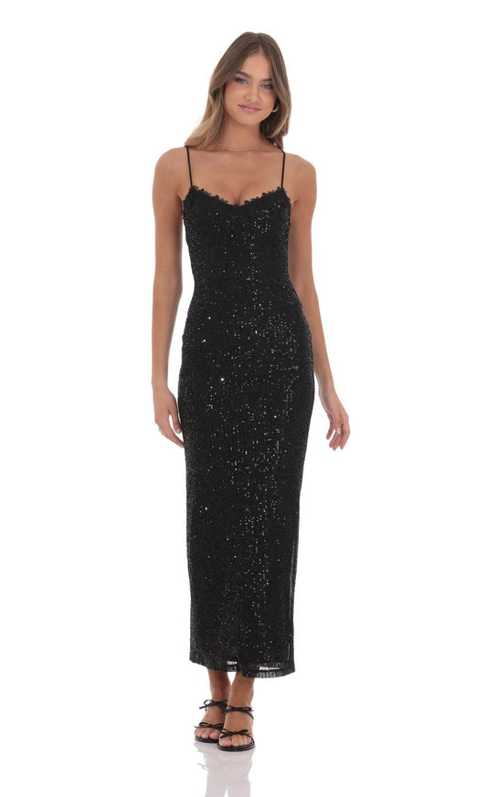 Glamorous Sheath Spaghetti-Strap Scallop-Edge Black Sequin Midi-Length Prom Dresses