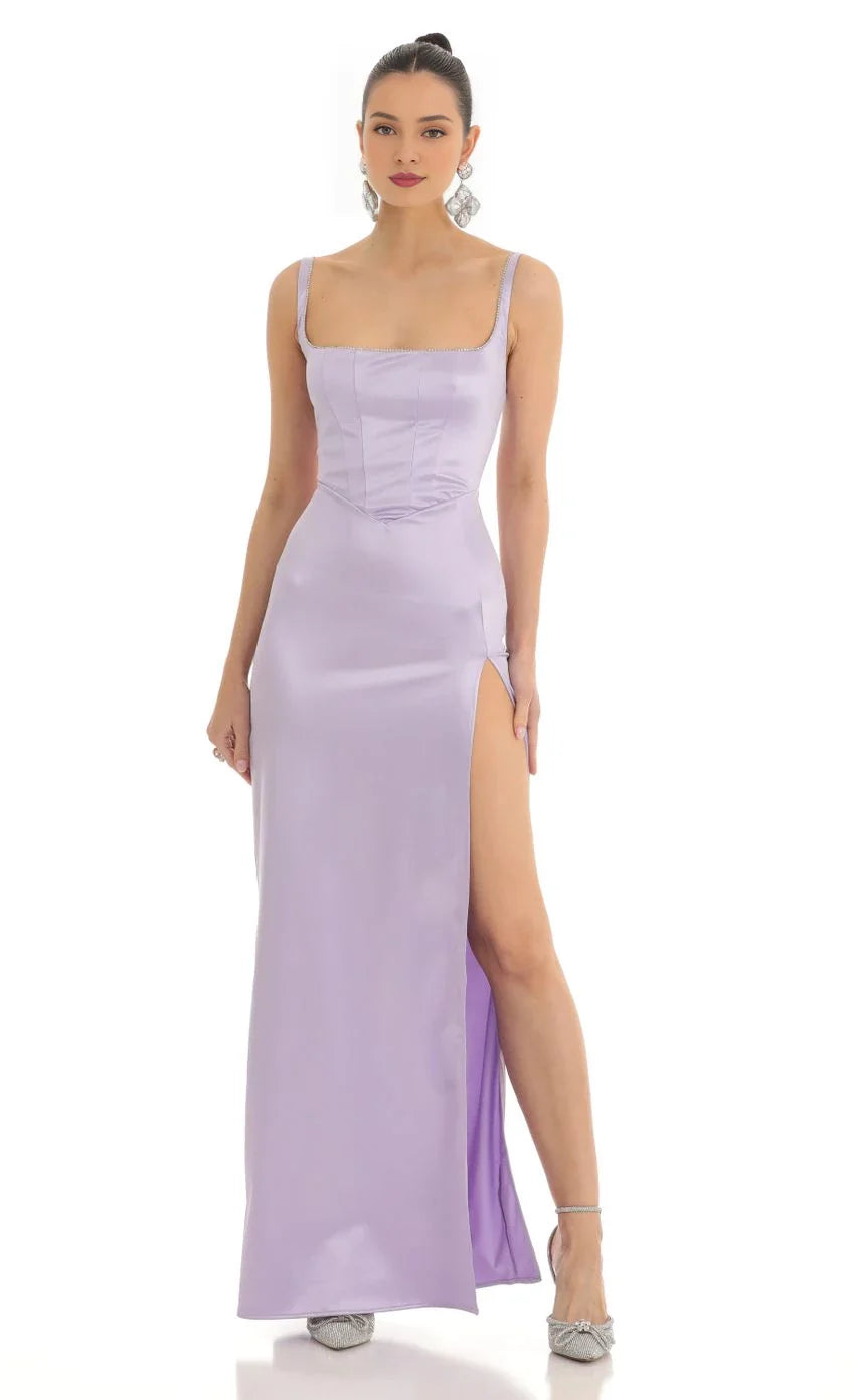Glamorous Sheath Square-Neck Beaded-Strap Lace-Up Back Floor-Length Prom Dresses