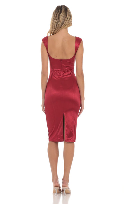 Glamorous Sheath Square-Neck Cap-Sleeve Open-Back Burgundy Satin Midi-Length Prom Dresses