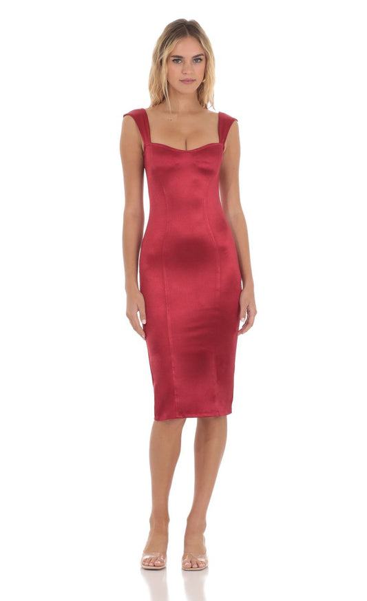 Glamorous Sheath Square-Neck Cap-Sleeve Open-Back Burgundy Satin Midi-Length Prom Dresses