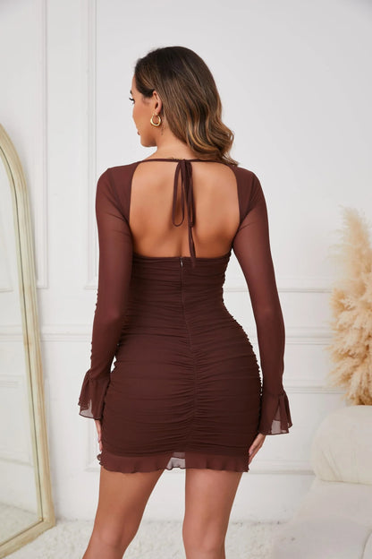 Glamorous Sheath Square-Neck Long-Sleeve Ruched Mesh Mini Evening Dress