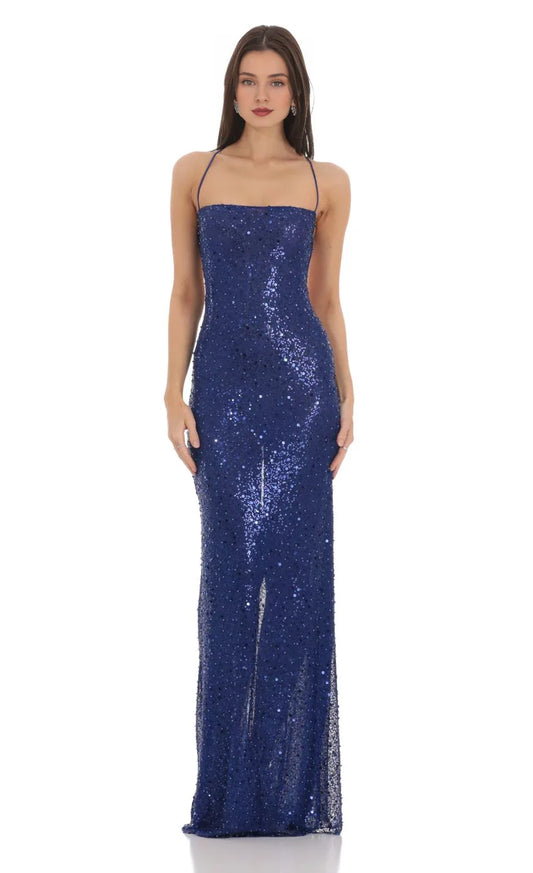 Glamorous Sheath Square-Neck Spaghetti-Strap Lace-Up Back Sequin Floor-Length Prom Dresses