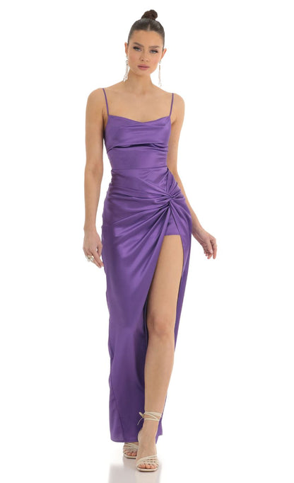 Glamorous Sheath Square-Neck Spaghetti-Strap Lace-Up Open-Back Purple Satin Floor-Length Prom Dresses