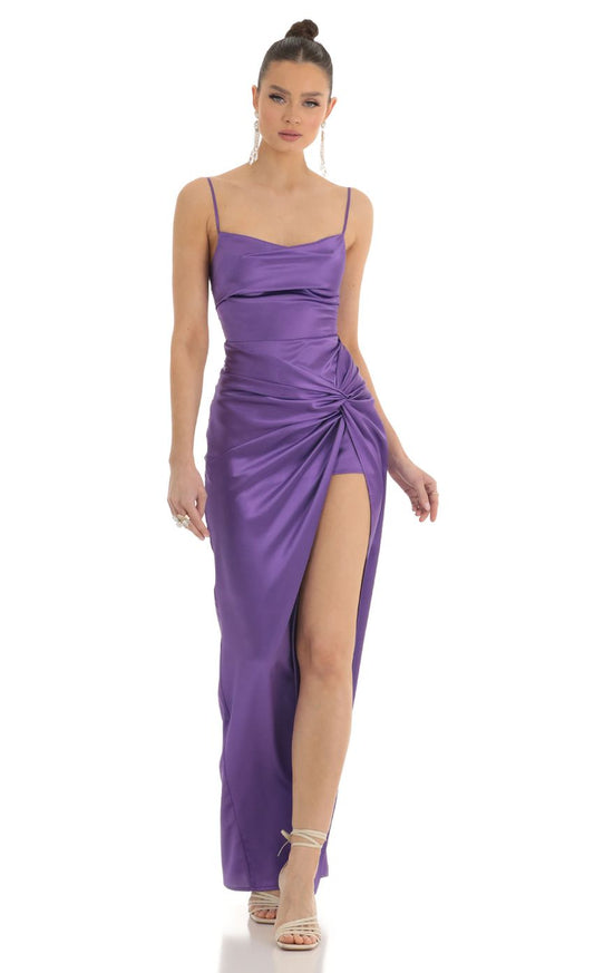 Glamorous Sheath Square-Neck Spaghetti-Strap Lace-Up Open-Back Purple Satin Floor-Length Prom Dresses