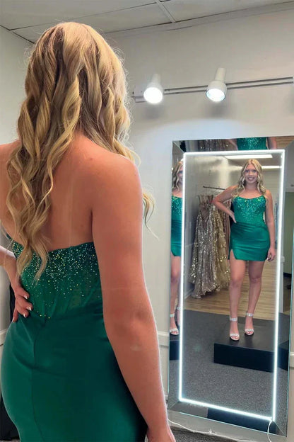 Glamorous Sheath Strapless Rhinestone-Embellished Satin Ruched Mini Evening Dress