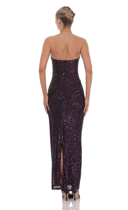 Glamorous Sheath Strapless Sequin-Accented Cut-Out Open-Back Plum Floor-Length Prom Dresses