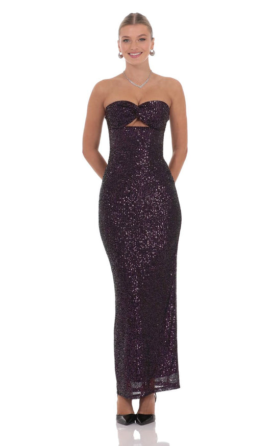 Glamorous Sheath Strapless Sequin-Accented Cut-Out Open-Back Plum Floor-Length Prom Dresses