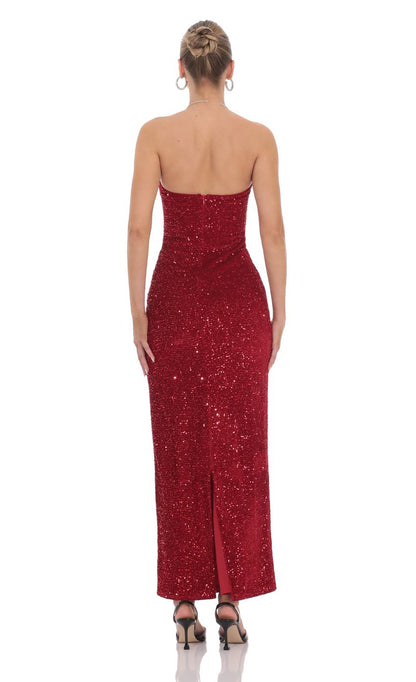 Glamorous Sheath Strapless Sleeveless Back-Zip Crimson Sequin Floor-Length Prom Dresses