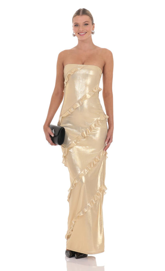 Glamorous Sheath Strapless Sleeveless Ruffle-Accent Champagne Metallic-Fabric Floor-Length Prom Dresses